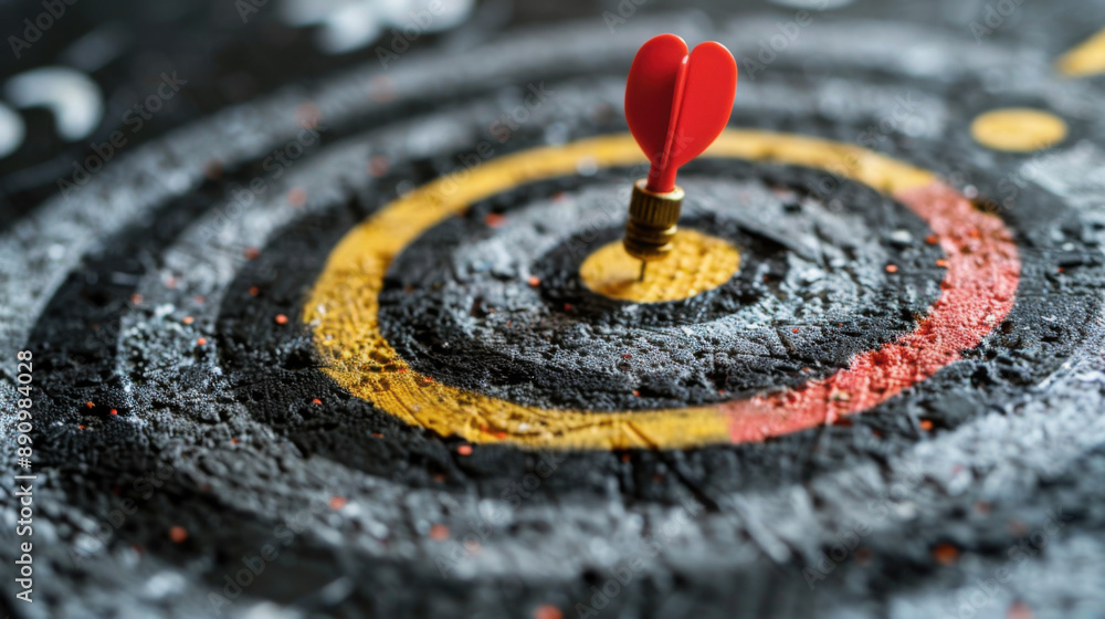 Close-up of a red dart hitting the bullseye on a black and yellow target board, symbolizing precision and success. Close-up of a red dart hitting the bullseye on a black and yellow target board, symbolizing precision and success.