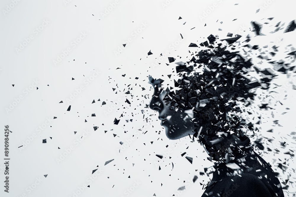Fototapeta premium Woman breaking apart into small pieces depicting mental health