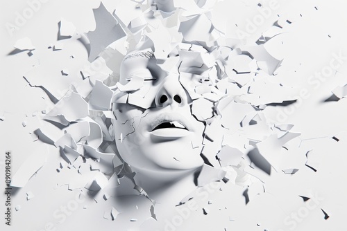 White woman face exploding breaking into pieces