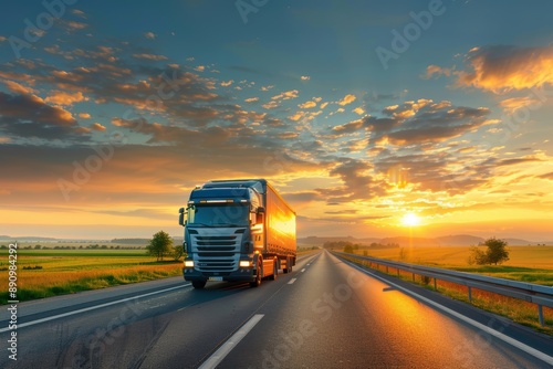 Truck driving on a country road at sunset delivering goods