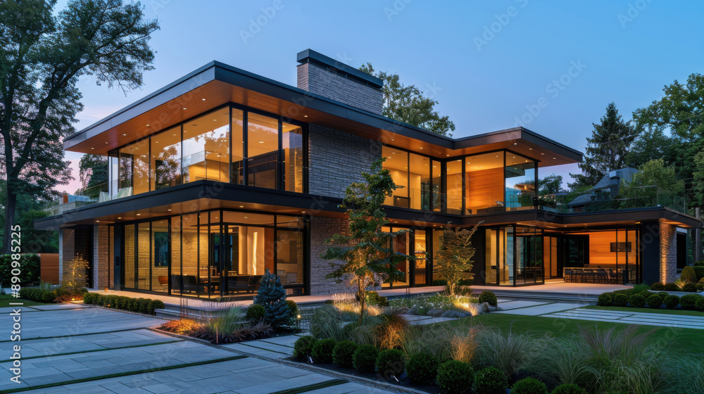 Modern home with large glass windows and illuminated evening lights, situated in a landscaped yard, showcasing elegance and luxury. Modern home with large glass windows and illuminated evening lights, situated in a landscaped yard, showcasing elegance and luxury.