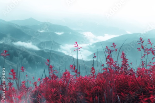 Distant mountain landscape,scarlet tones like transparent ruby, light white,with Plant leaf texture,partially glowing,elegant gentle curve,elevation view,16K UHD  photo