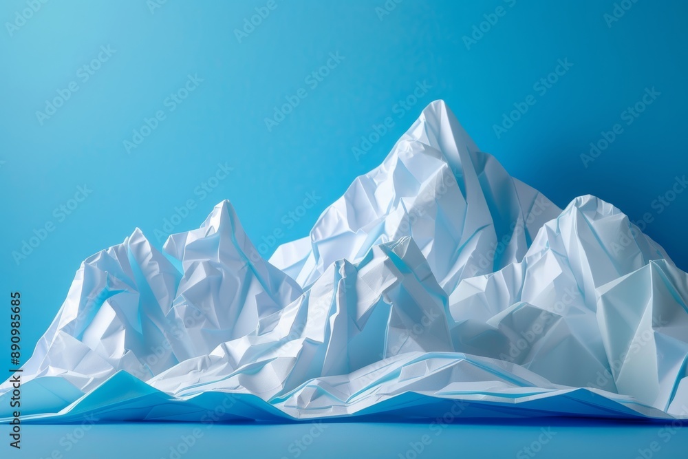 mountains mmade from folded paper, 3D, bright blue background mountains mmade from folded paper, 3D, bright blue background