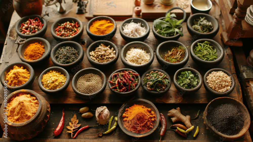 A variety of colorful spices and herbs arranged in rustic bowls on a wooden table, showcasing culinary diversity. A variety of colorful spices and herbs arranged in rustic bowls on a wooden table, showcasing culinary diversity.