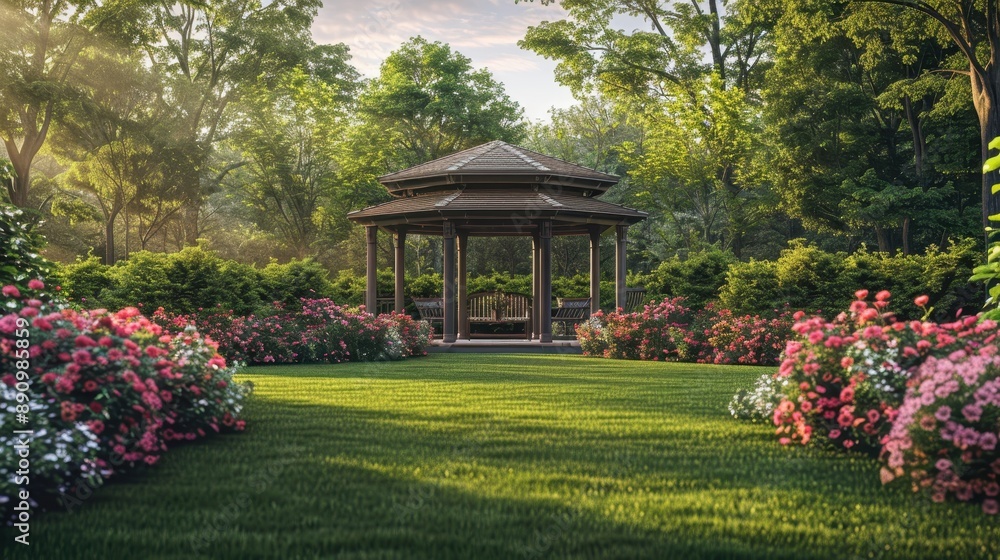 Obraz premium A grass lawn with an elegant garden pavilion surrounded by tall flowering shrubs.