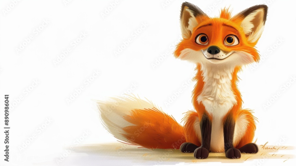 Obraz premium A charming, wide-eyed fox sitting playfully with its tail curled around its body on a clean white background, with subtle shadows giving a soft, hand-drawn feel 