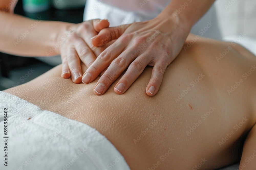 Close-up of a professional massage therapist giving a relaxing back massage to a client in a spa setting. Close-up of a professional massage therapist giving a relaxing back massage to a client in a spa setting.