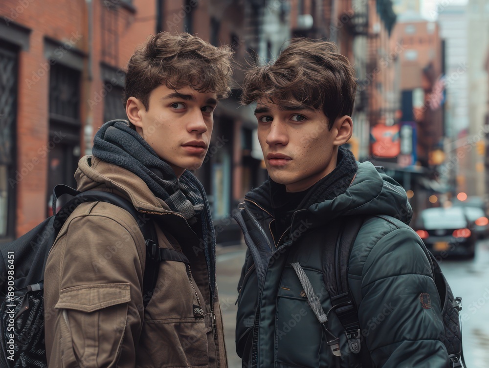 Fototapeta premium Two Guys Displaying Affection on a City Street, Embracing Urban Love Amidst Brick Buildings and a Bustling Cityscape This Tender Moment Captures the Raw Beauty of Authentic Connection in a Concrete