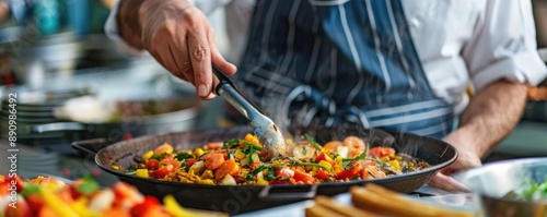 Chef preparing a fresh, colorful vegetable stir-fry in a busy kitchen, highlighting culinary art and vibrant cooking.