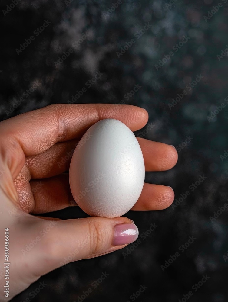 Close-up of a hand holding a white egg against a dark background, emphasizing simplicity and natural food concept. Close-up of a hand holding a white egg against a dark background, emphasizing simplicity and natural food concept.