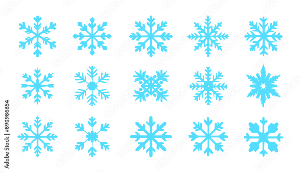 A set of 15 blue snowflake designs isolated on a white background. A set of 15 blue snowflake designs isolated on a white background.