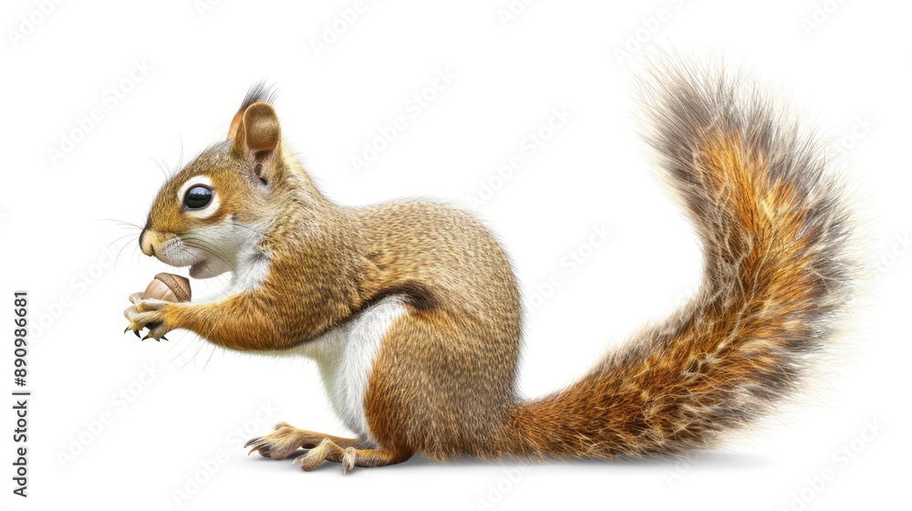 A delightful, playful squirrel with a bushy tail, holding an acorn on a bright white background, with fine, detailed lines giving a sense of depth and charm A delightful, playful squirrel with a bushy tail, holding an acorn on a bright white background, with fine, detailed lines giving a sense of depth and charm