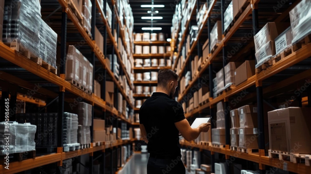Warehouse staff checking inventory using a tablet in a modern storage facility with tall shelves and numerous boxes. Warehouse staff checking inventory using a tablet in a modern storage facility with tall shelves and numerous boxes.
