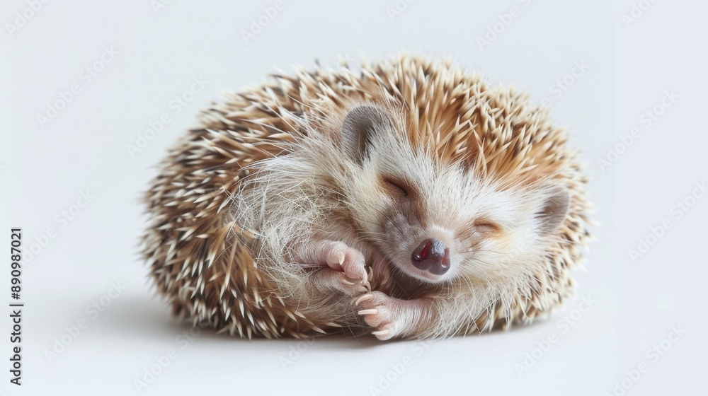 Fototapeta premium A sweet, tiny hedgehog with a gentle smile, curled into a ball on a white background, with delicate, whimsical lines adding a touch of magical realism --ar 16:9