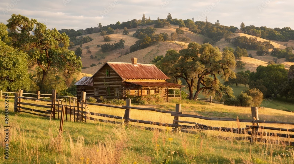 Rustic farmhouse surrounded by rolling hills and a wooden fence Rustic farmhouse surrounded by rolling hills and a wooden fence