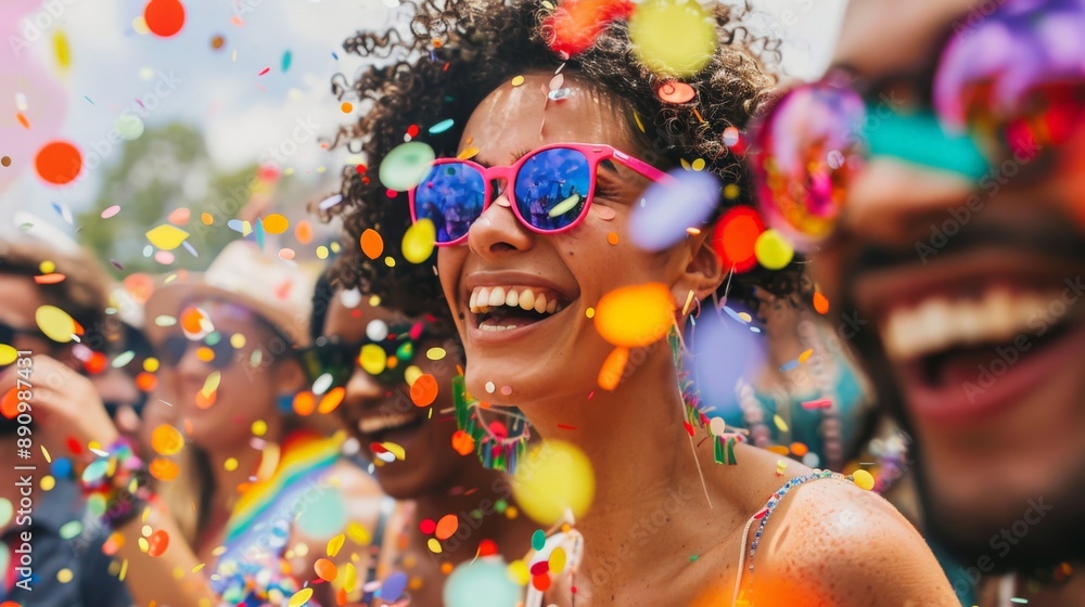 Rainbow confetti falling around smiling faces at a pride parade Rainbow confetti falling around smiling faces at a pride parade