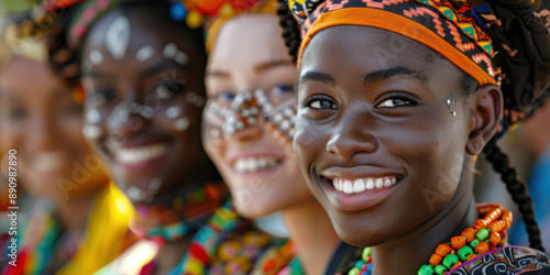 Close-up of diverse women smiling in vibrant traditional African attire, celebrating culture, unity, and diversity. © khonkangrua