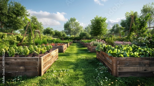 A grass lawn with a quaint vegetable garden with rustic wooden raised beds.