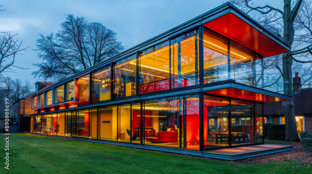 Modern Glass House with Red Accents Modern Glass House with Red Accents