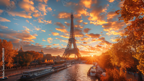 Eiffel Tower during sunset, with the sky painted in vibrant hues of orange and blue. The reflection of the sunset on the ground, travel, tourism, Paris, landmarks, olympic, sunsets