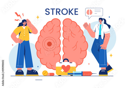 A Vector Illustration of Human Brain Stroke Highlighting Medical Details, Hemorrhage, and Pain Points for Health Checks in a Flat Cartoon Background