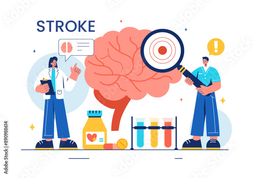 A Vector Illustration of Human Brain Stroke Highlighting Medical Details, Hemorrhage, and Pain Points for Health Checks in a Flat Cartoon Background