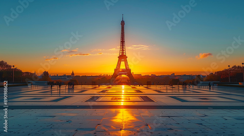 Eiffel Tower during sunset, with the sky painted in vibrant hues of orange and blue. The reflection of the sunset on the ground, travel, tourism, Paris, landmarks, olympic, sunsets