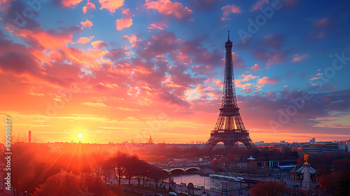Eiffel Tower during sunset, with the sky painted in vibrant hues of orange and blue. The reflection of the sunset on the ground, travel, tourism, Paris, landmarks, olympic, sunsets