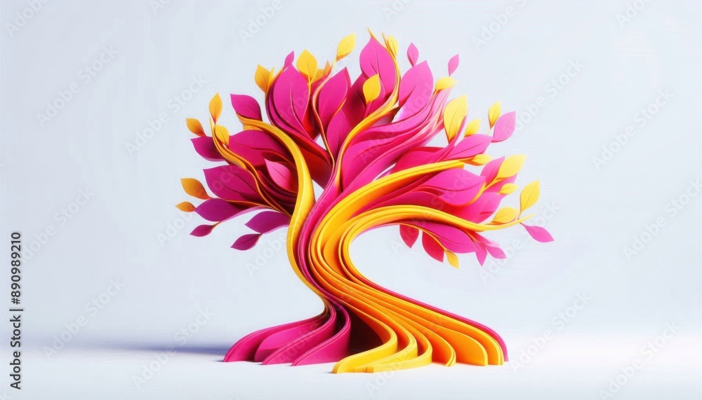 Fototapeta premium Vibrant Geometry: Pink and Yellow 3D Tree Design