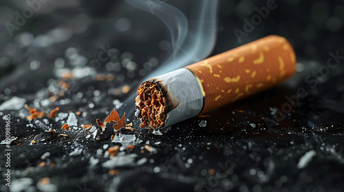 close-up of a burning cigarette, with smoke and ash particles against a background, anti-smoking initiatives, and public health promotions.