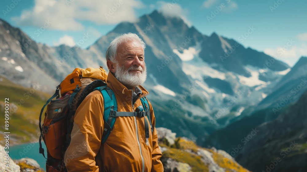 Elderly man hiking on a mountain trail. .Middle-aged man Elderly man hiking on a mountain trail. .Middle-aged man