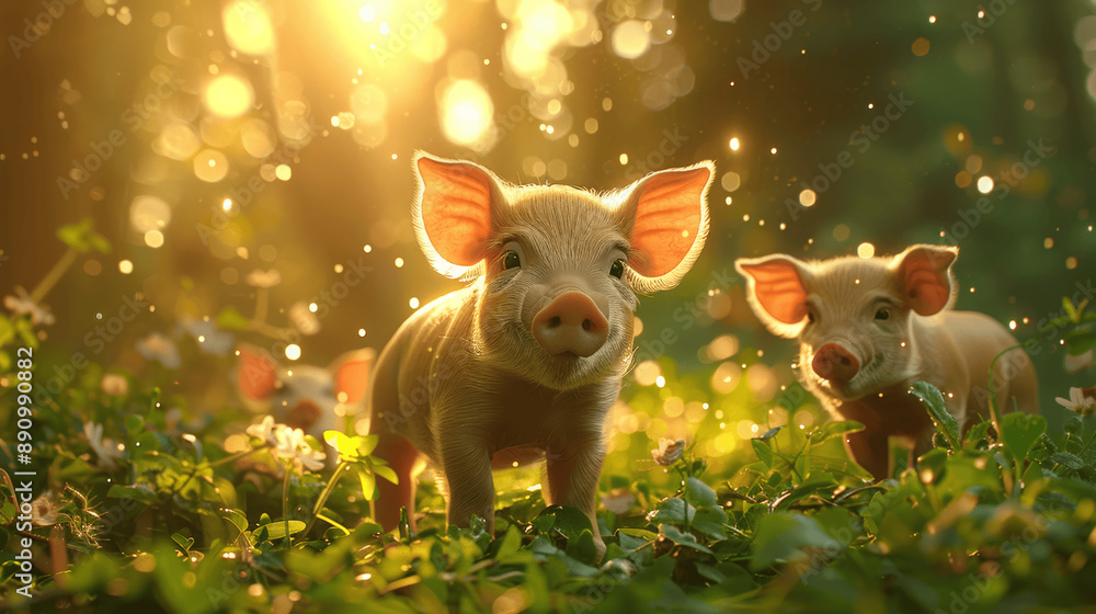 Cute piglet in a sunny forest with green grass and trees, hyper-realistic digital art Cute piglet in a sunny forest with green grass and trees, hyper-realistic digital art