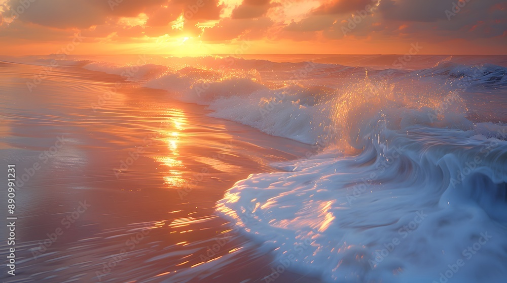 A serene beach at dawn, with soft waves gently lapping the shore. The golden light of the rising sun reflects off the water, creating a beautiful play of colors. A serene beach at dawn, with soft waves gently lapping the shore. The golden light of the rising sun reflects off the water, creating a beautiful play of colors.