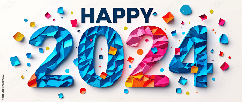 Fototapeta premium 2024 Happy New Year Colorful Paper Cut Style Greeting Card Vector Design
