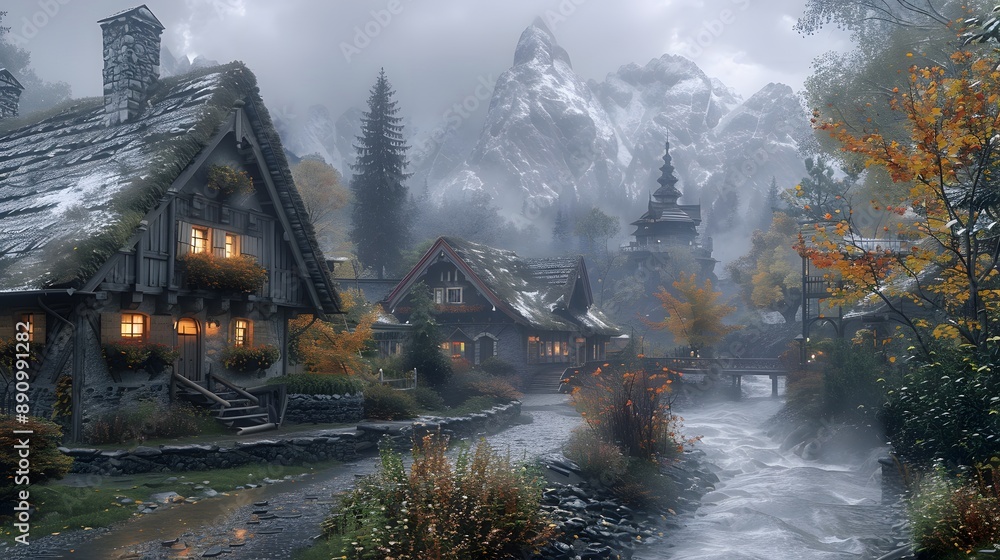 A quaint mountain village in the early morning, nestled among snow-capped peaks. The first light of day illuminates the charming cottages and cobblestone streets. A quaint mountain village in the early morning, nestled among snow-capped peaks. The first light of day illuminates the charming cottages and cobblestone streets.