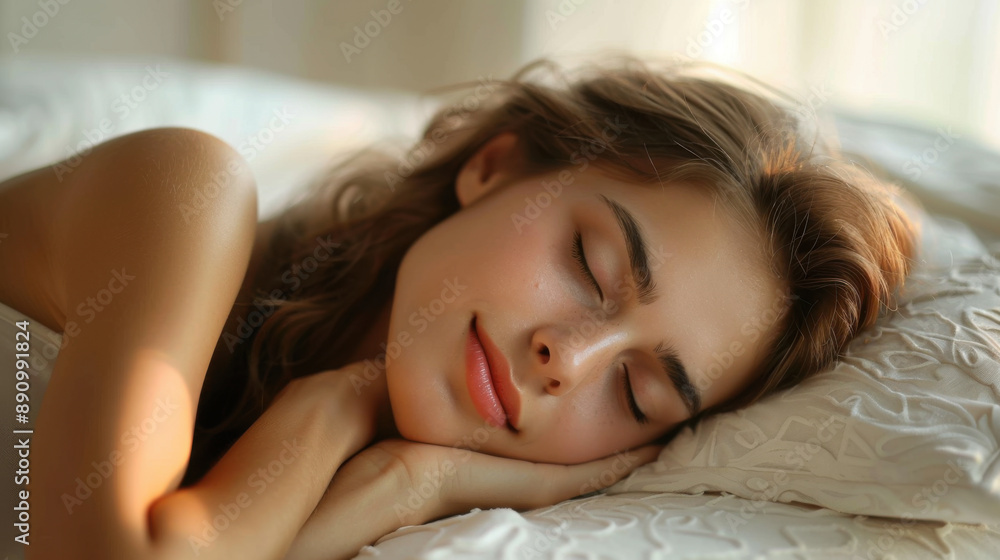 A serene woman sleeping soundly on a white pillow, bathed in soft morning light, embodying restful sleep. A serene woman sleeping soundly on a white pillow, bathed in soft morning light, embodying restful sleep.