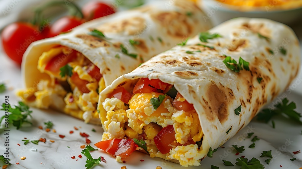 Breakfast burritos filled with scrambled eggs, vegetables, and cheese, wrapped in flour tortillas, cut in half, arranged on a white marble countertop, garnished with fresh parsley. Breakfast burritos filled with scrambled eggs, vegetables, and cheese, wrapped in flour tortillas, cut in half, arranged on a white marble countertop, garnished with fresh parsley.