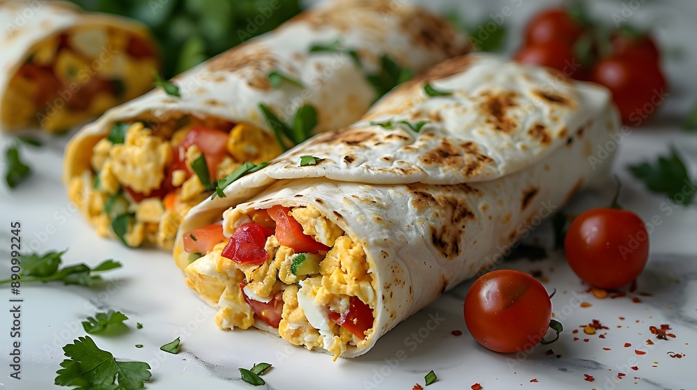 Breakfast burritos filled with scrambled eggs, vegetables, and cheese, wrapped in flour tortillas, cut in half, arranged on a white marble countertop, garnished with fresh parsley. Breakfast burritos filled with scrambled eggs, vegetables, and cheese, wrapped in flour tortillas, cut in half, arranged on a white marble countertop, garnished with fresh parsley.