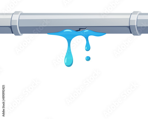 Broken pipe with leaking water vector isolated on white background.
