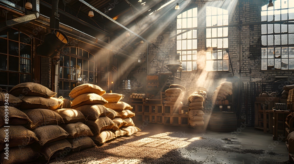Fototapeta premium Industrial warehouse interior, stacked burlap sacks, coffee beans or grain, exposed brick walls, large industrial windows, sunbeams streaming in, enhanced natural lighting.