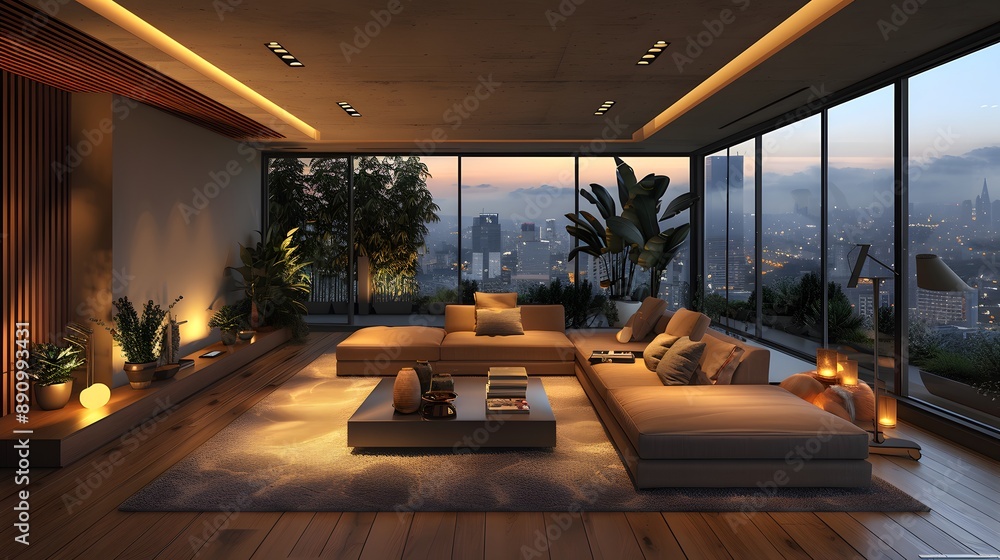 Luxurious modern living room, floor-to-ceiling windows, abundant natural light, sleek L-shaped sofa, wooden slat wall feature, recessed ceiling lights, ambient glow. Luxurious modern living room, floor-to-ceiling windows, abundant natural light, sleek L-shaped sofa, wooden slat wall feature, recessed ceiling lights, ambient glow.