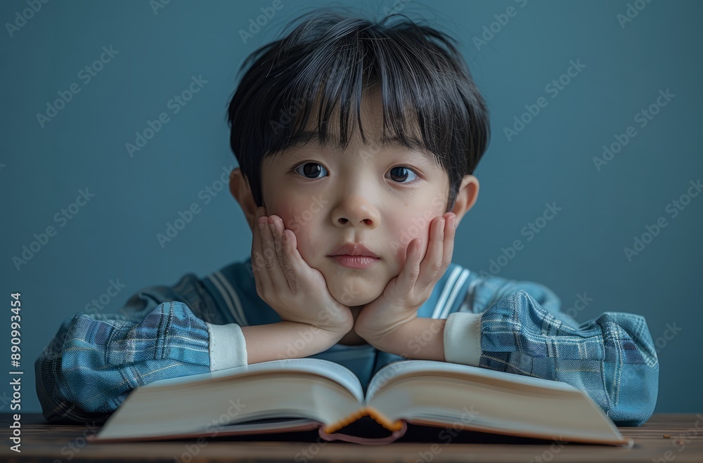 A Chinese boy, wearing a blue-and-white school uniform and covering his eyes with his hands, sat at an empty table. On his side was an open book, the front, against a pure white background, A Chinese boy, wearing a blue-and-white school uniform and covering his eyes with his hands, sat at an empty table. On his side was an open book, the front, against a pure white background,