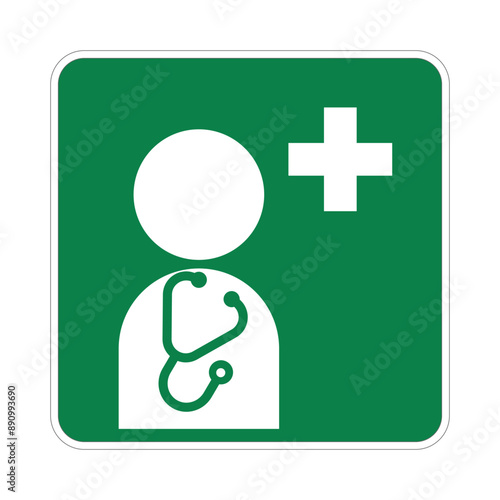 Isolated green square sign of health center, hospital, clinic, with medic sign and doctor with statoscope icon
