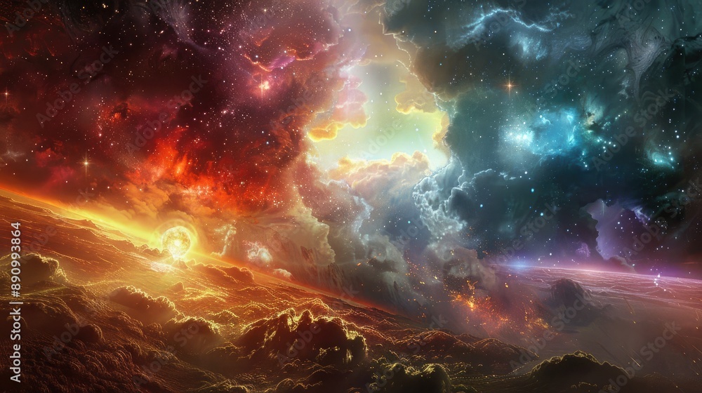 Celestial entities of dawn and twilight battling in an ethereal landscape of shifting hues and radiant light, under a sky filled with stars.