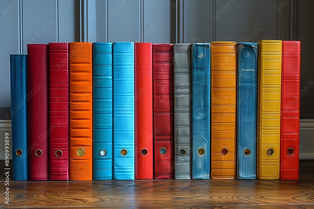 Naklejka premium Colorful Binders Arranged On Wooden Floor In Front Of Gray Paneling