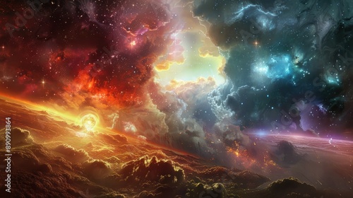 Obraz na płótnie Celestial entities of dawn and twilight battling in an ethereal landscape of shifting hues and radiant light, under a sky filled with stars. w salonie