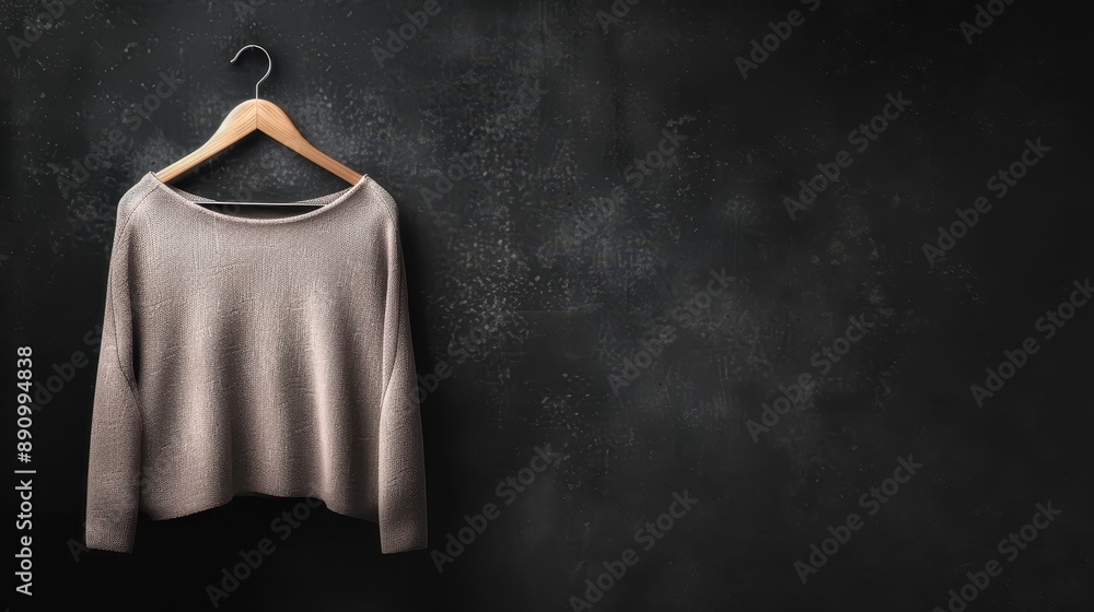 A sweater hanging on a metal hanger. The sweater is hanging on a wall with a grey background