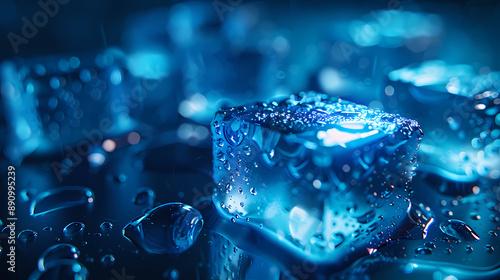 Extreme close up view of blue ice cubes with water drops