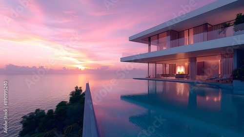 Modern luxury villa at dawn, infinity pool reflecting soft morning light, minimalist architecture with glass facades, clean lines and overhanging balconies, tranquil ocean view.