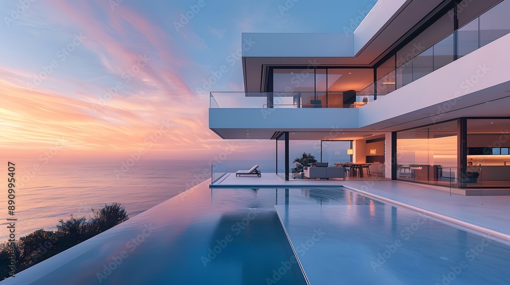 Fototapeta premium Modern luxury villa at dawn, infinity pool reflecting soft morning light, minimalist architecture with glass facades, clean lines and overhanging balconies, tranquil ocean view.